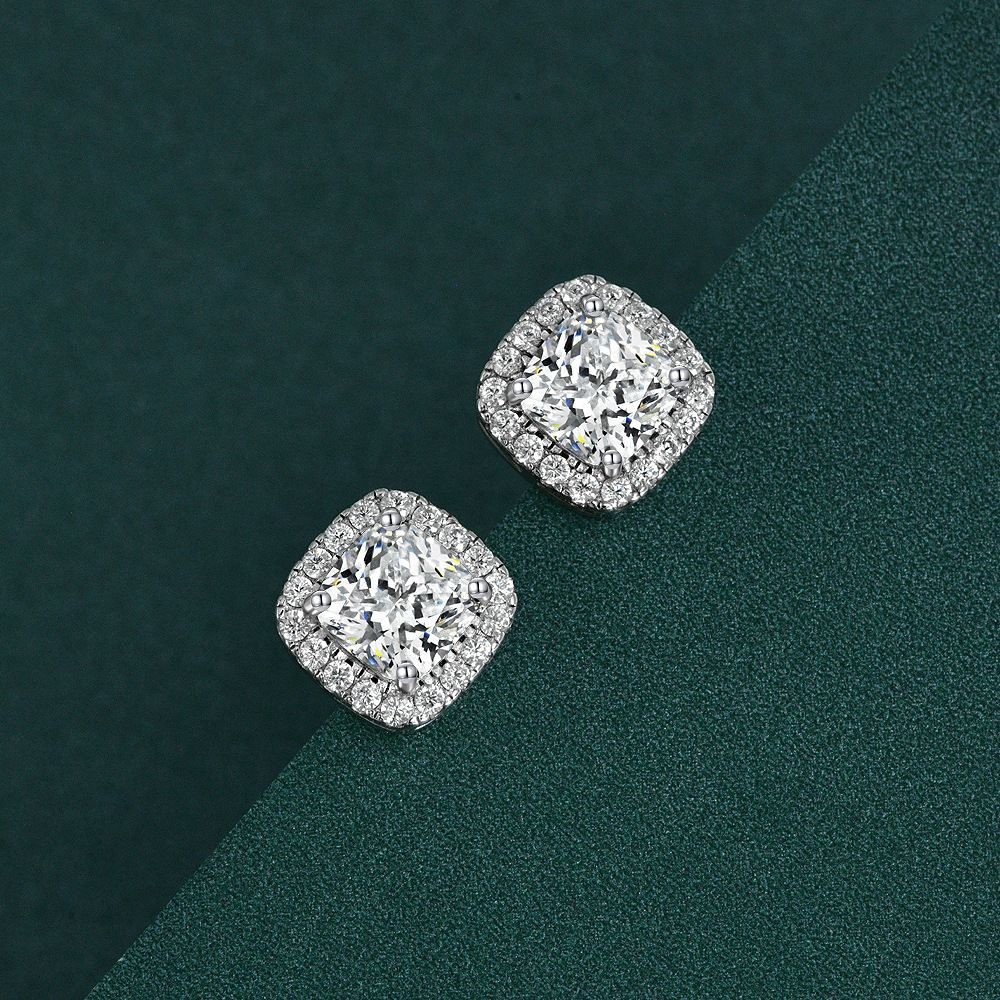 Luxury Diamond White Square Pierced Earrings | Vooglam On Model 1