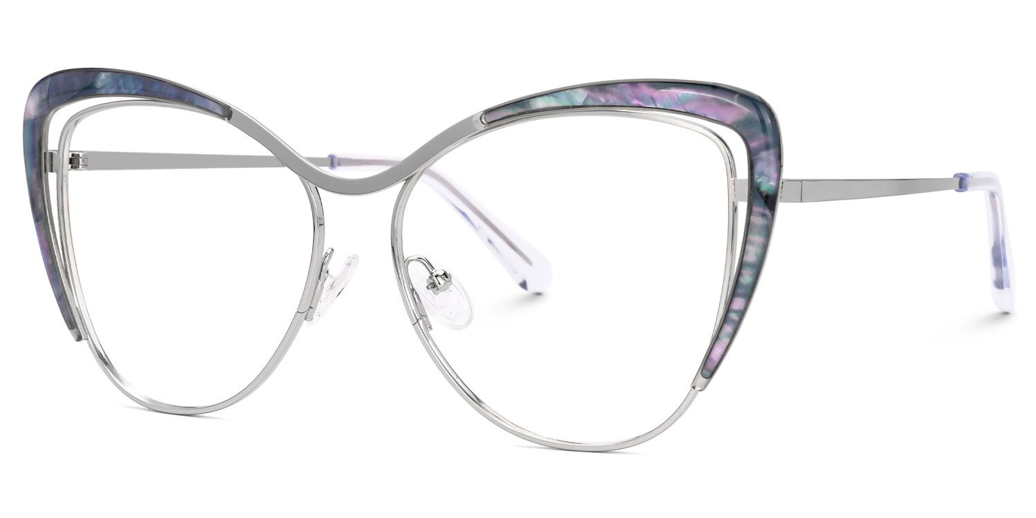 Jachin - Cat Eye Silver Eyeglasses by Vooglam - Front View
