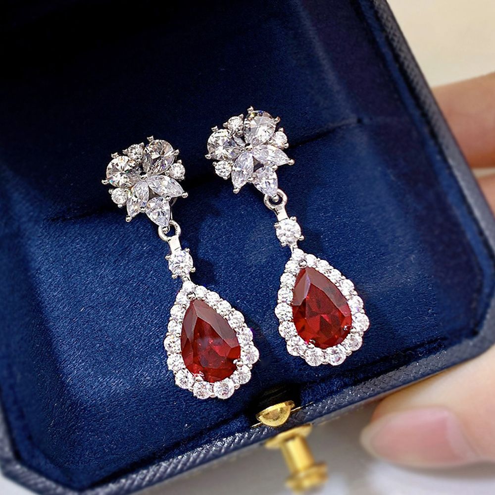 Elegant Ruby Red Waterdrop Pierced Earrings On Model 2