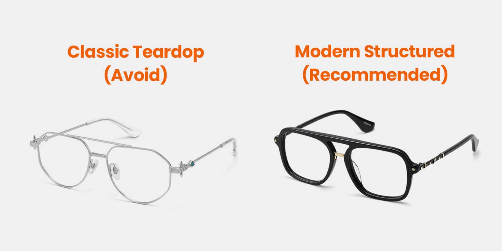 A comparison image showing a pair of classic teardrop-shaped aviator glasses labeled as 