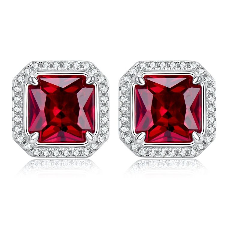Classic Ruby Red Square Pierced Earrings | Vooglam Front View