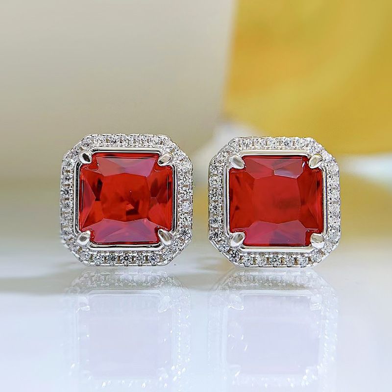 model wearing Classic Ruby Red Square Pierced Earrings 1