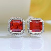 Classic Ruby Red Square Pierced Earrings | Vooglam On Model 1