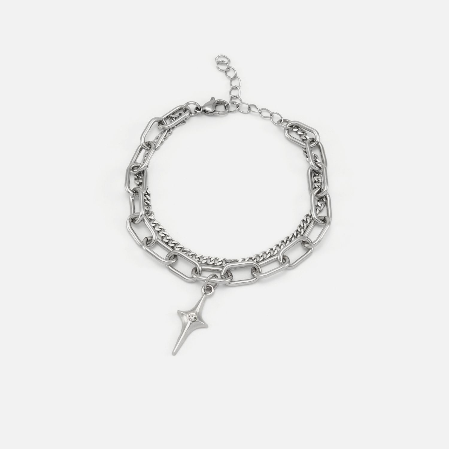 Silver Layered Chain Bracelet with Charm - Front View
