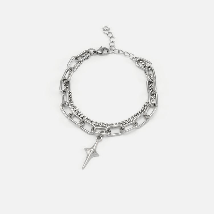 Silver Layered Chain Bracelet with Charm