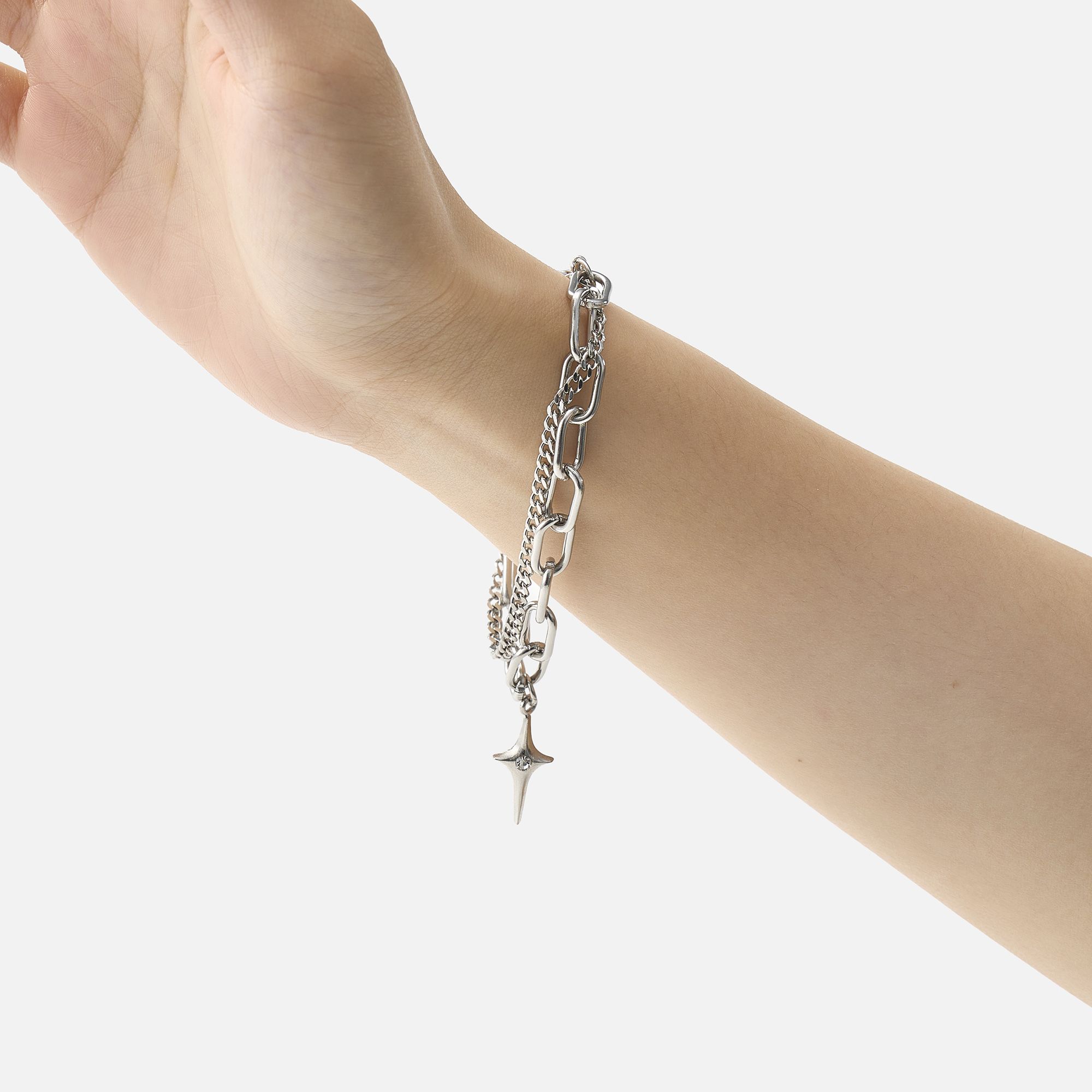 Silver Layered Chain Bracelet with Charm - On Model