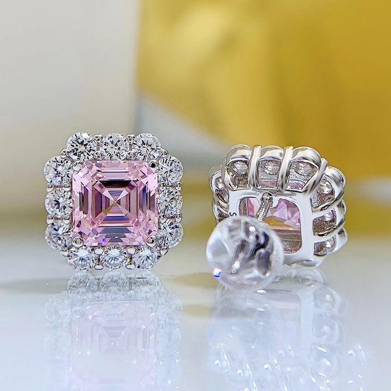 Glamorous Fancy Pink Square Pierced Earrings | Vooglam On Model 2