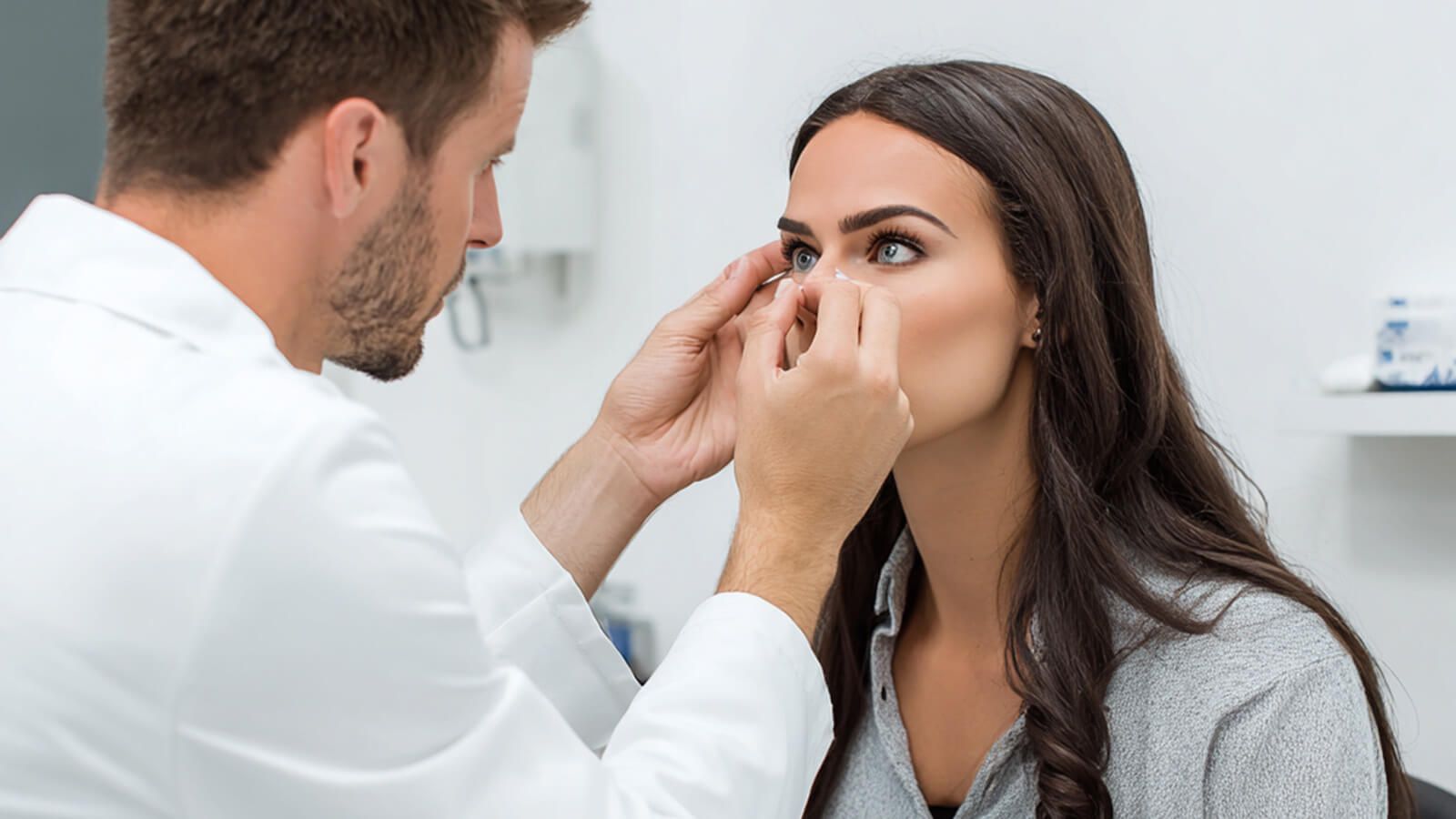 An optometrist in a white lab coat carefully conducts a contact lens fitting for a young woman in a clinical office setting, highlighting the need for professional care when switching from glasses to contacts.