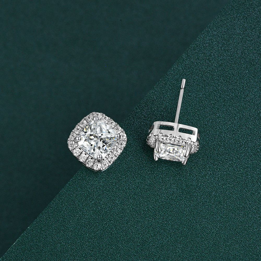 Luxury Diamond White Square Pierced Earrings | Vooglam On Model 2