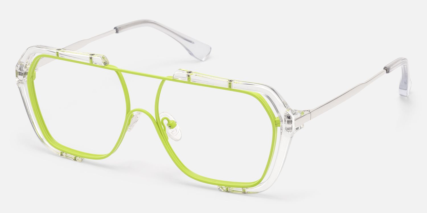 Porsha - Clear & Neon Green Flat-Top Aviator Glasses by Vooglam - Front View