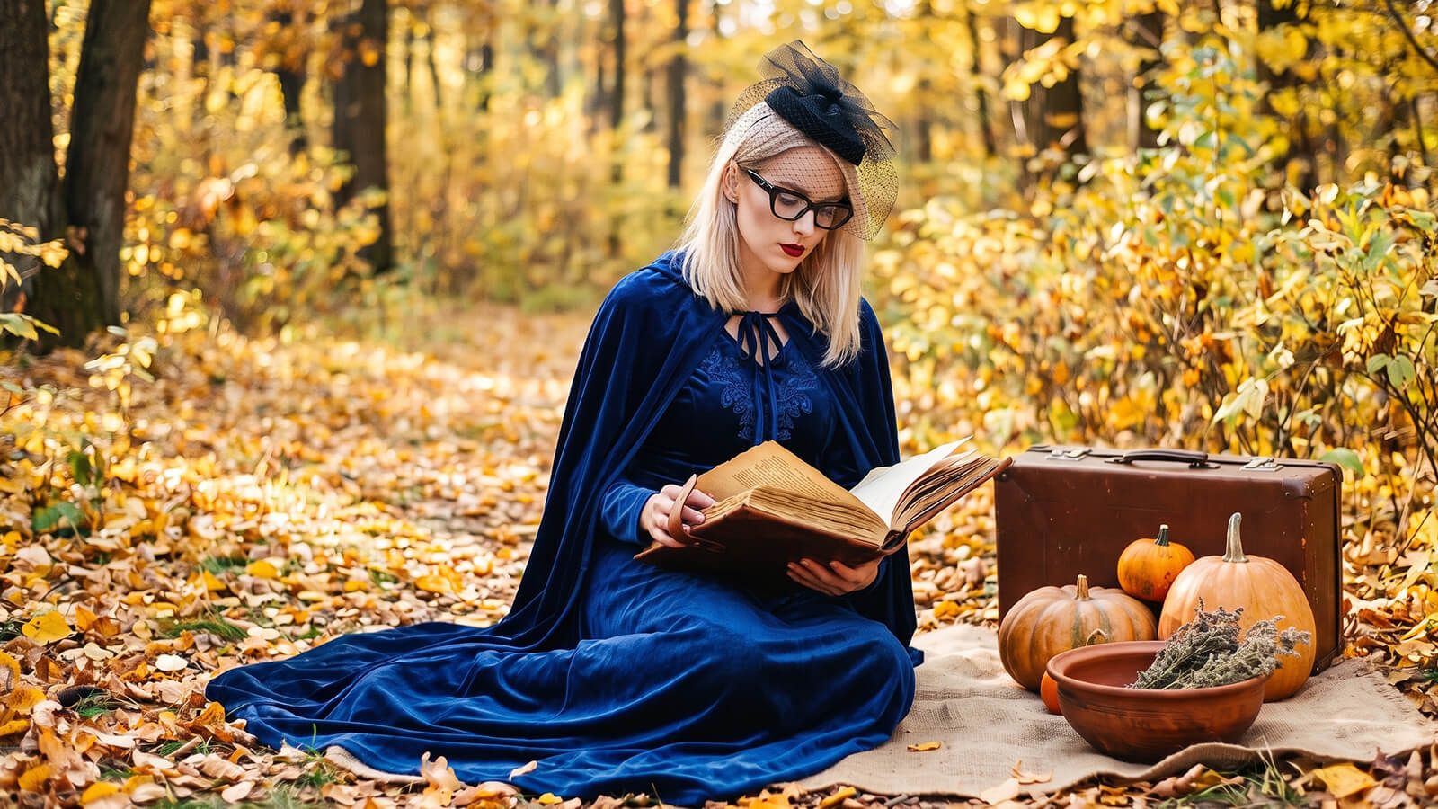 halloween outfit with mysterious witch robe with black thick cat eye glasses