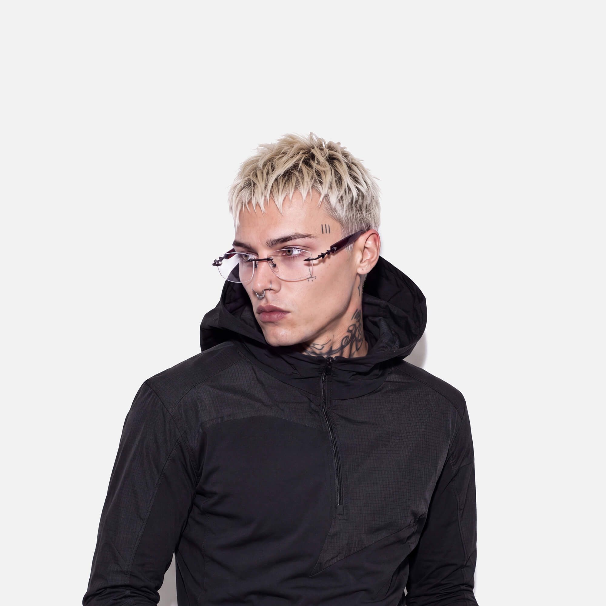 Fracture - Black & Red Rimless Spike Glasses by Vooglam - Model Side Profile