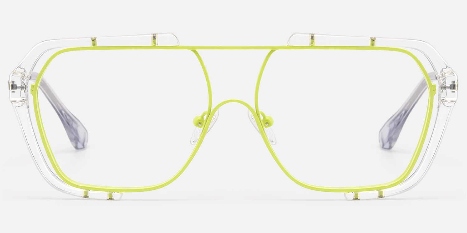 Porsha - Clear & Neon Green Flat-Top Aviator Glasses by Vooglam - Angle View