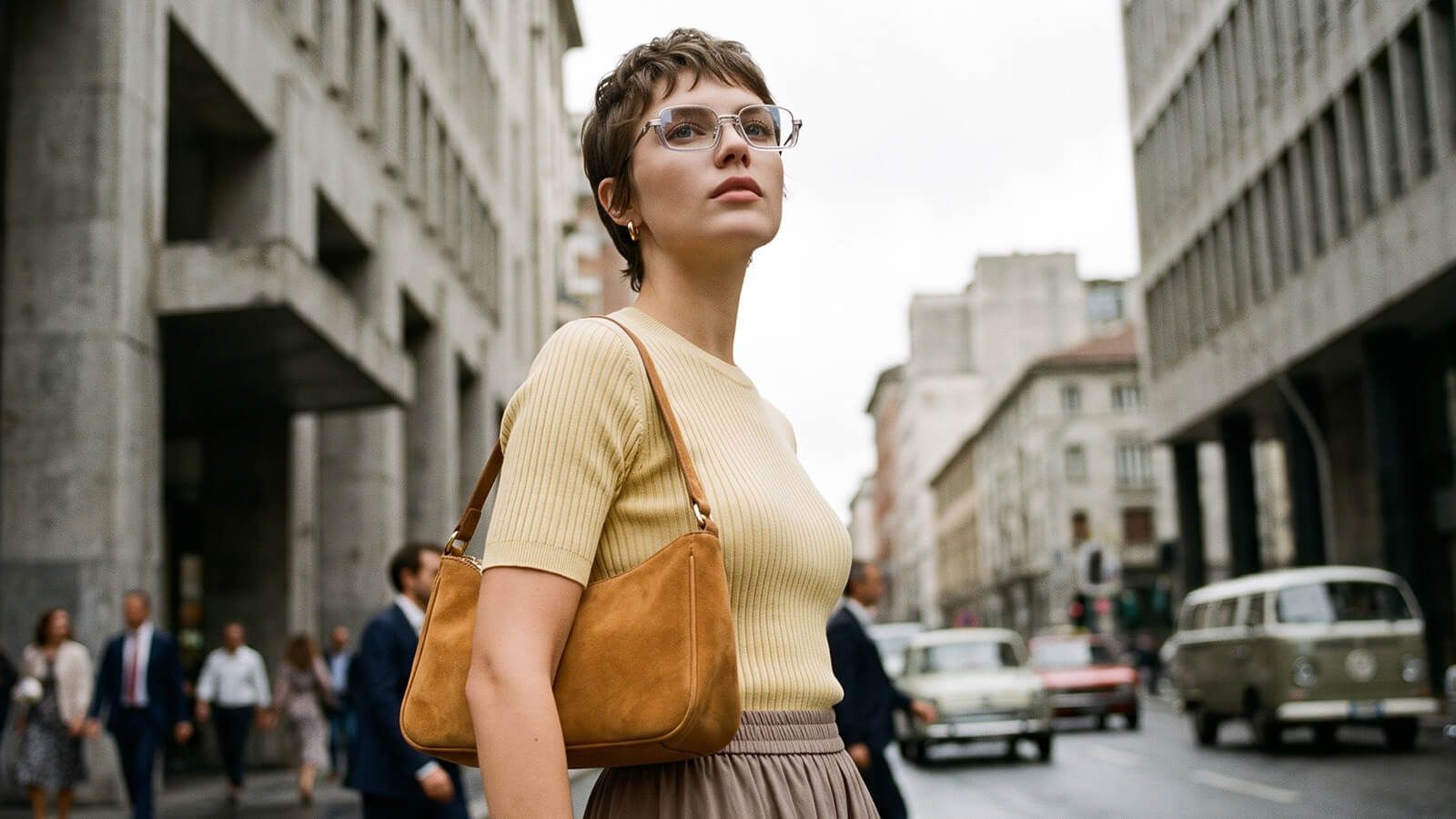 commute outfit with stylish exposed screw glasses