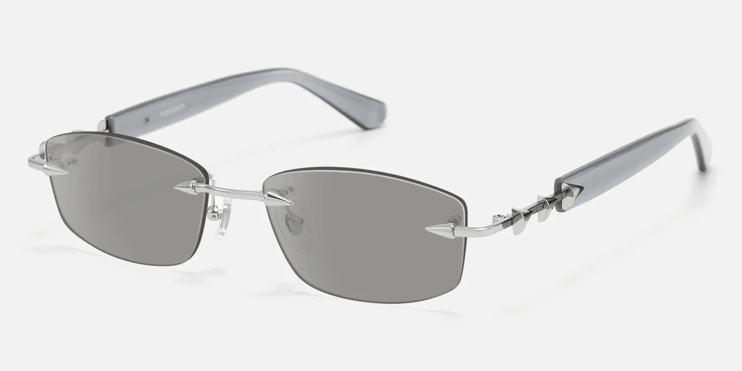 grey tinted rimless metal frame