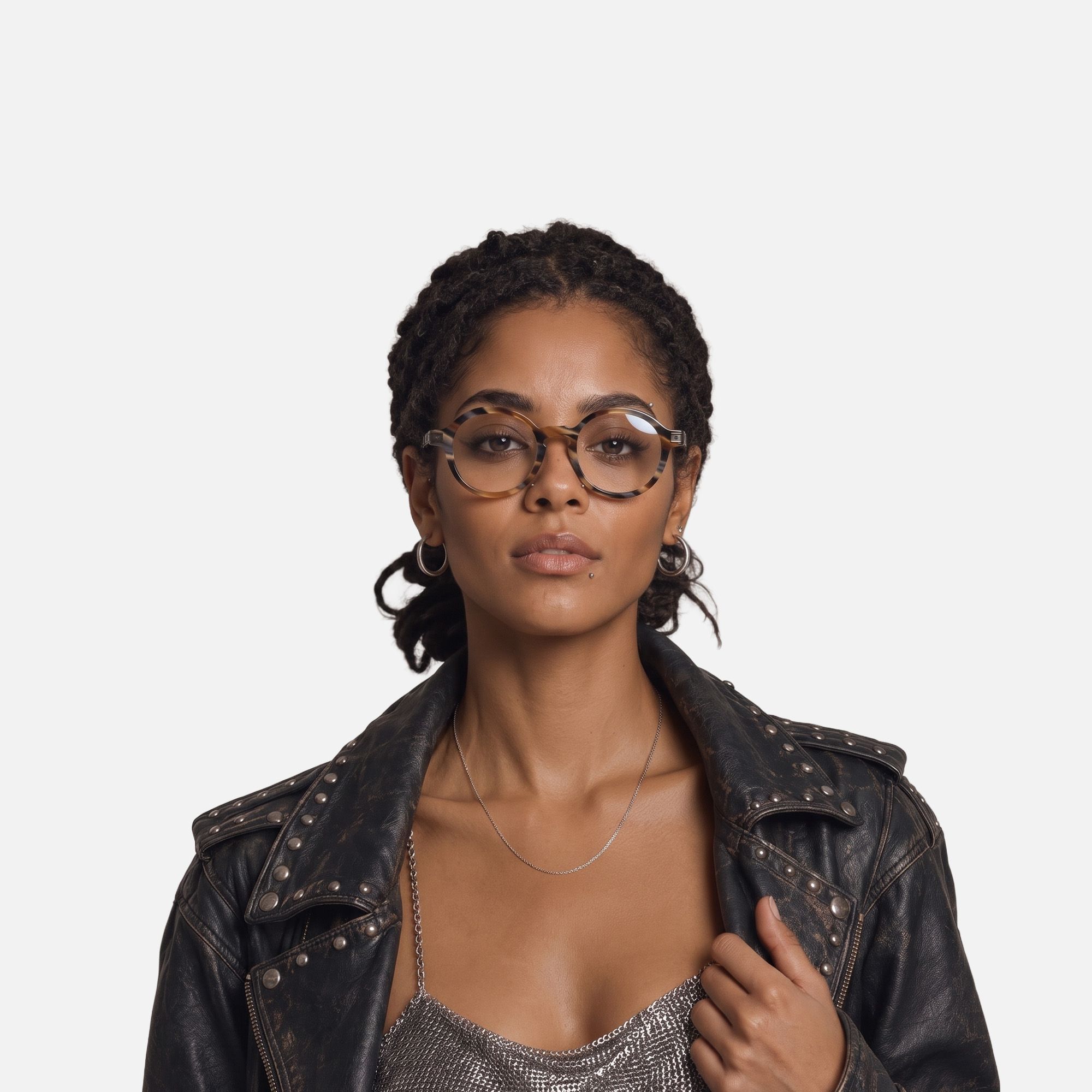 Lennon - Dark Brass Khaki Marbled Round Frames by Vooglam - On Model