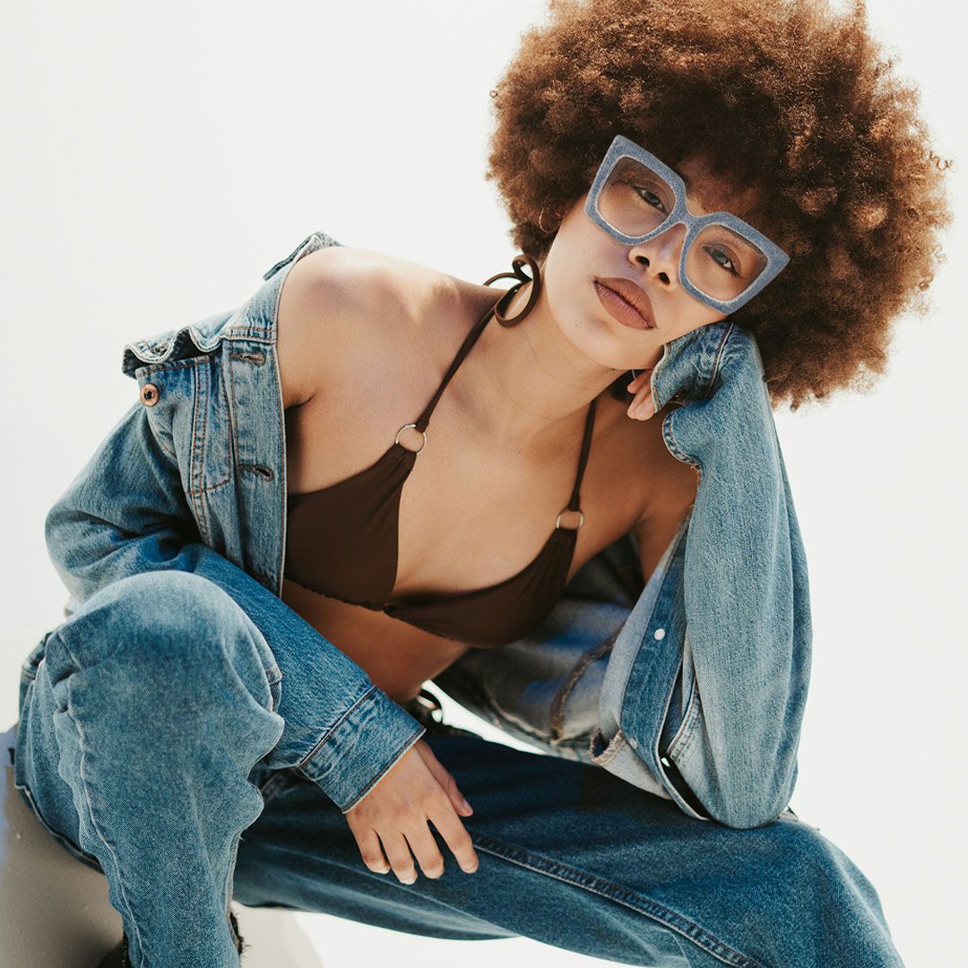 Faustus - Retro Blue Square Denim Glasses Frames | Vooglam On Model