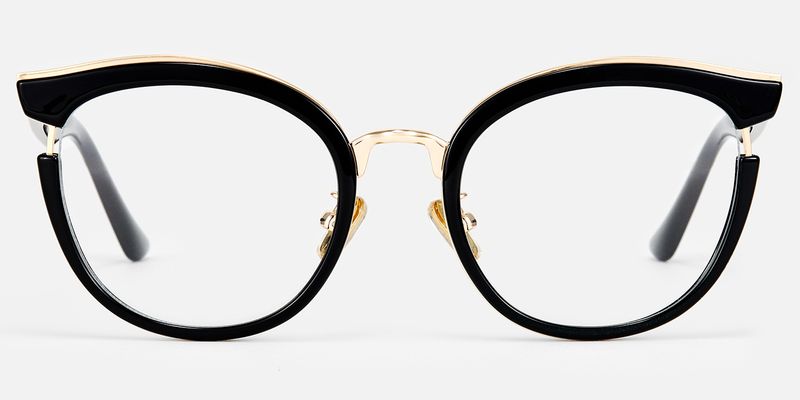 Retro Black Cat Eye Round Glasses Gold Accents