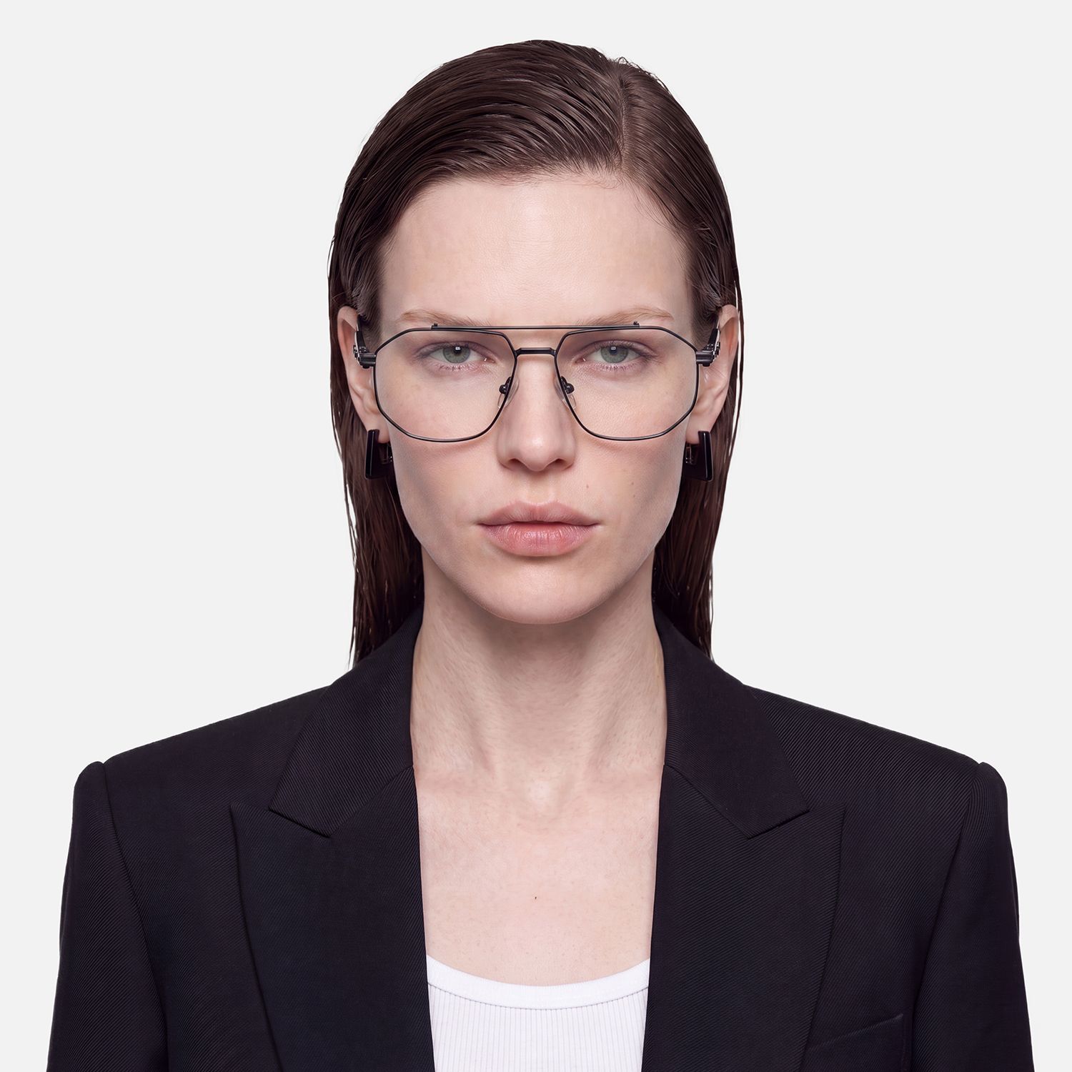 Ando - Matte Black Geometric Metal Glasses | Vooglam On Model 1