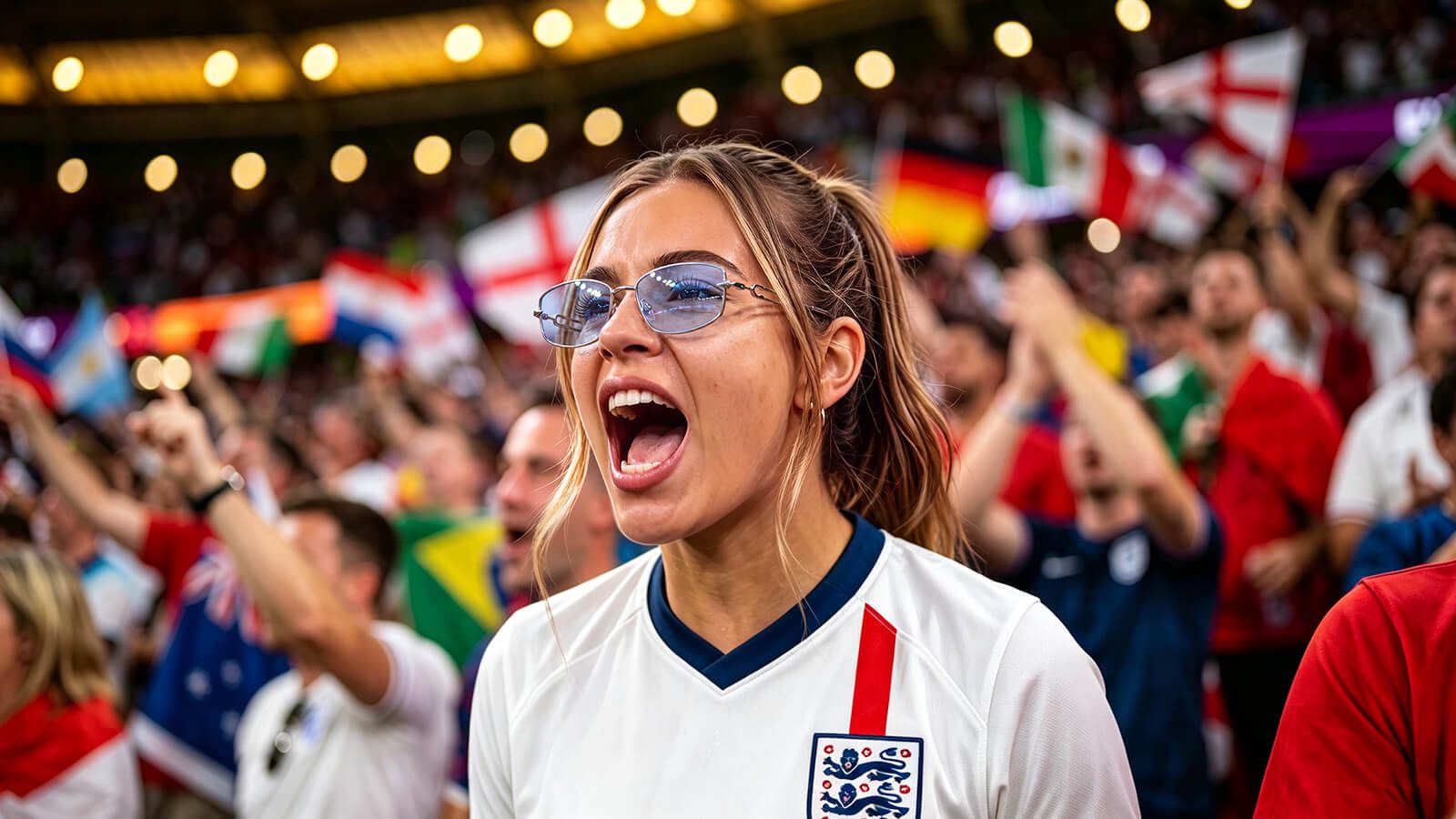 woman in world cup stadium with blue tint sunglasses