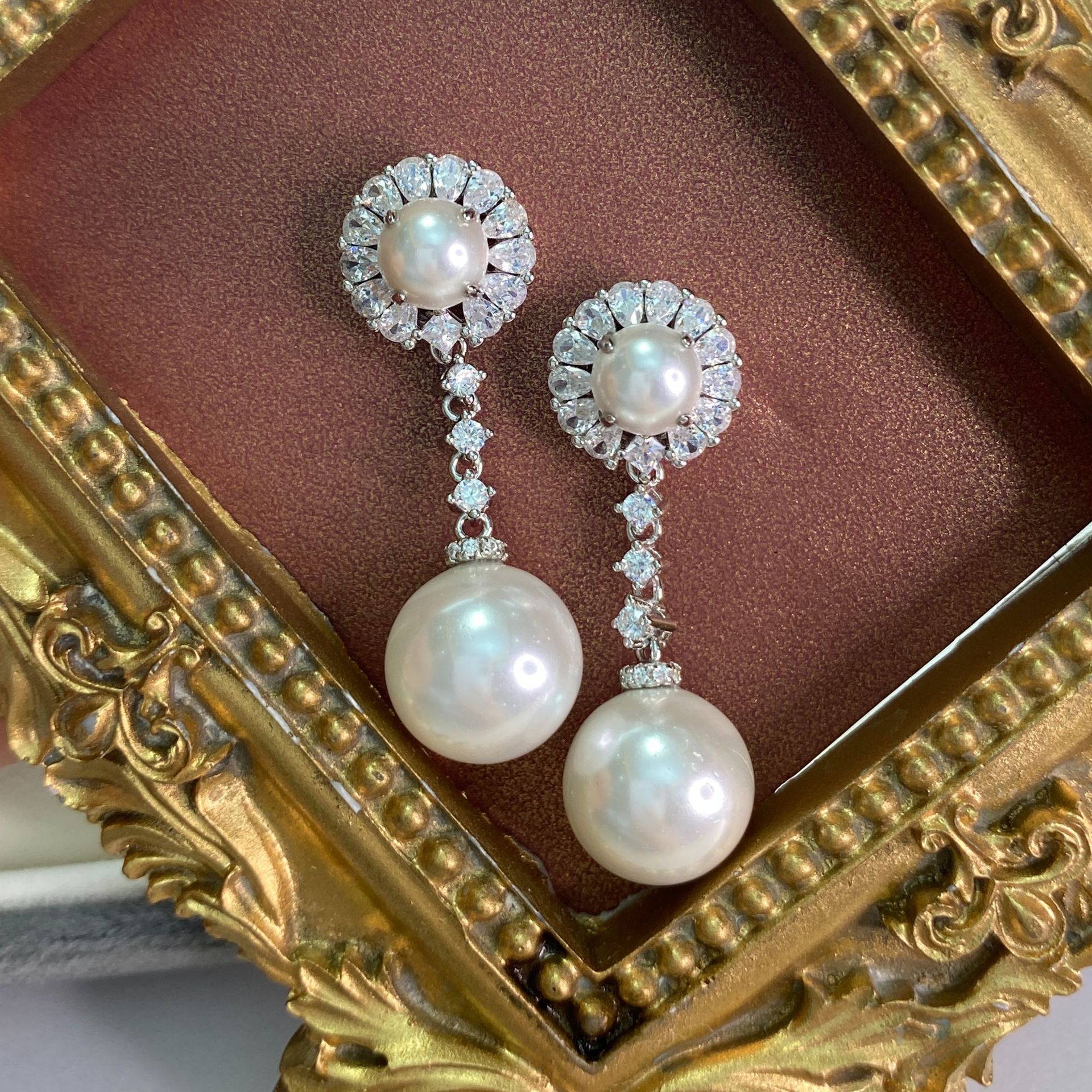 Classic Diamond White Round Pearl Pierced Earrings | Vooglam On Model 2