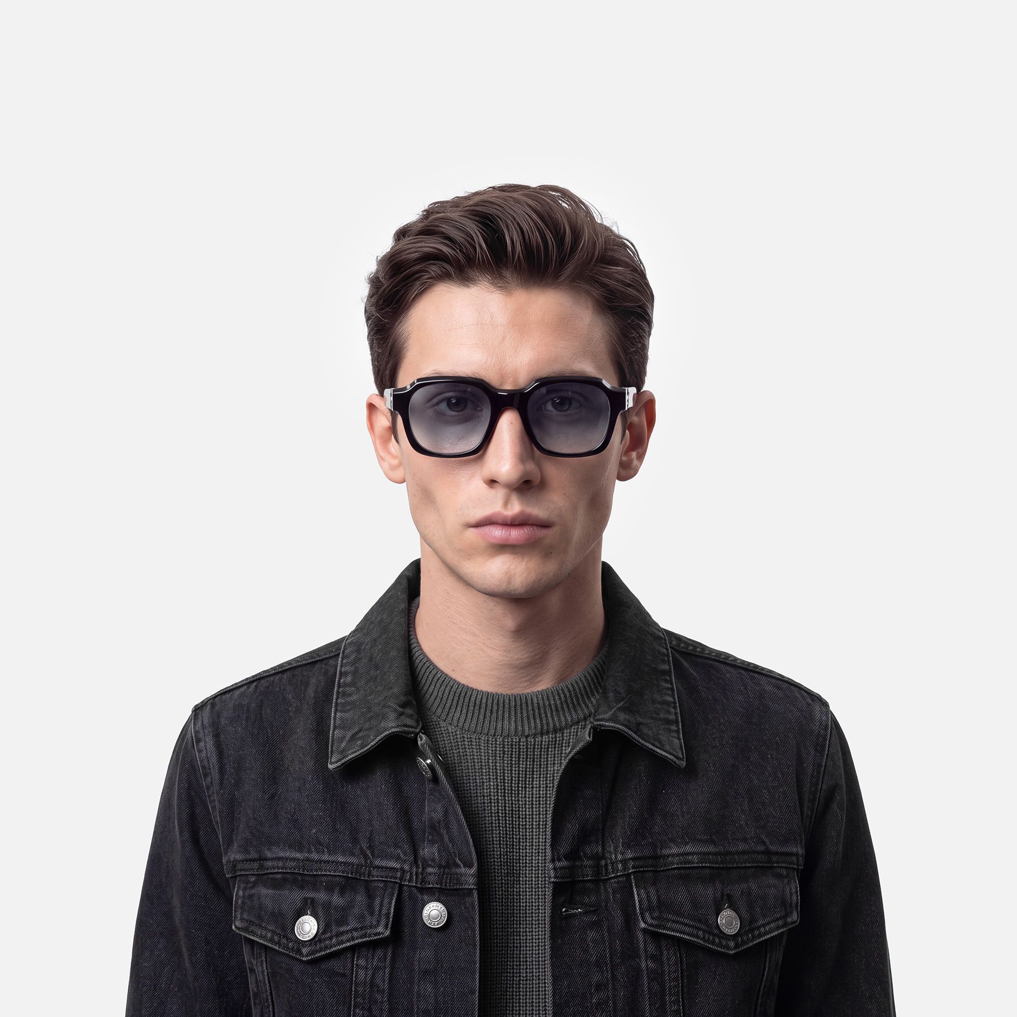 Vernon - Glossy Black Gradient Gray Sunglasses by Vooglam - On Model