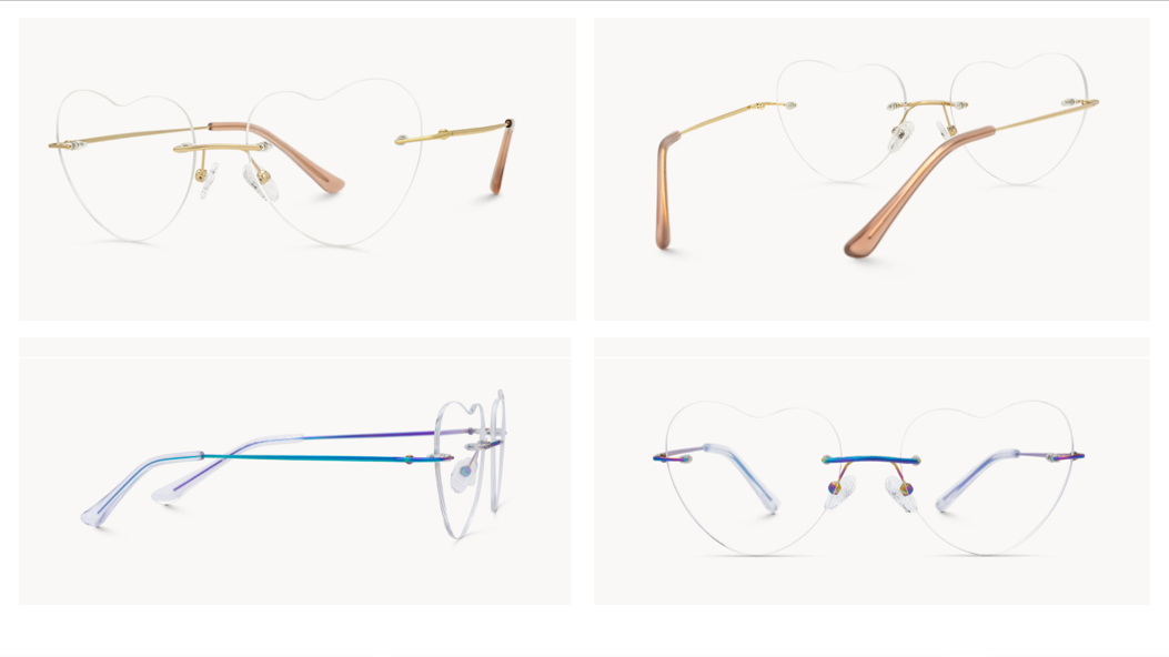 A multi-angle studio view of rimless heart-shaped glasses with delicate gold temples, illustrating the playful Y2K trend mentioned in the 2026 style report.
