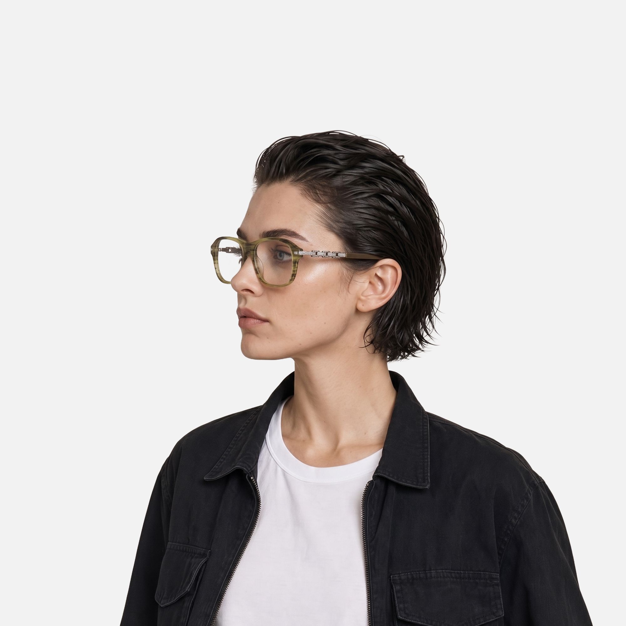 Albini - Clear Wood Grain Silver Chain Frames by Vooglam - Lifestyle Look