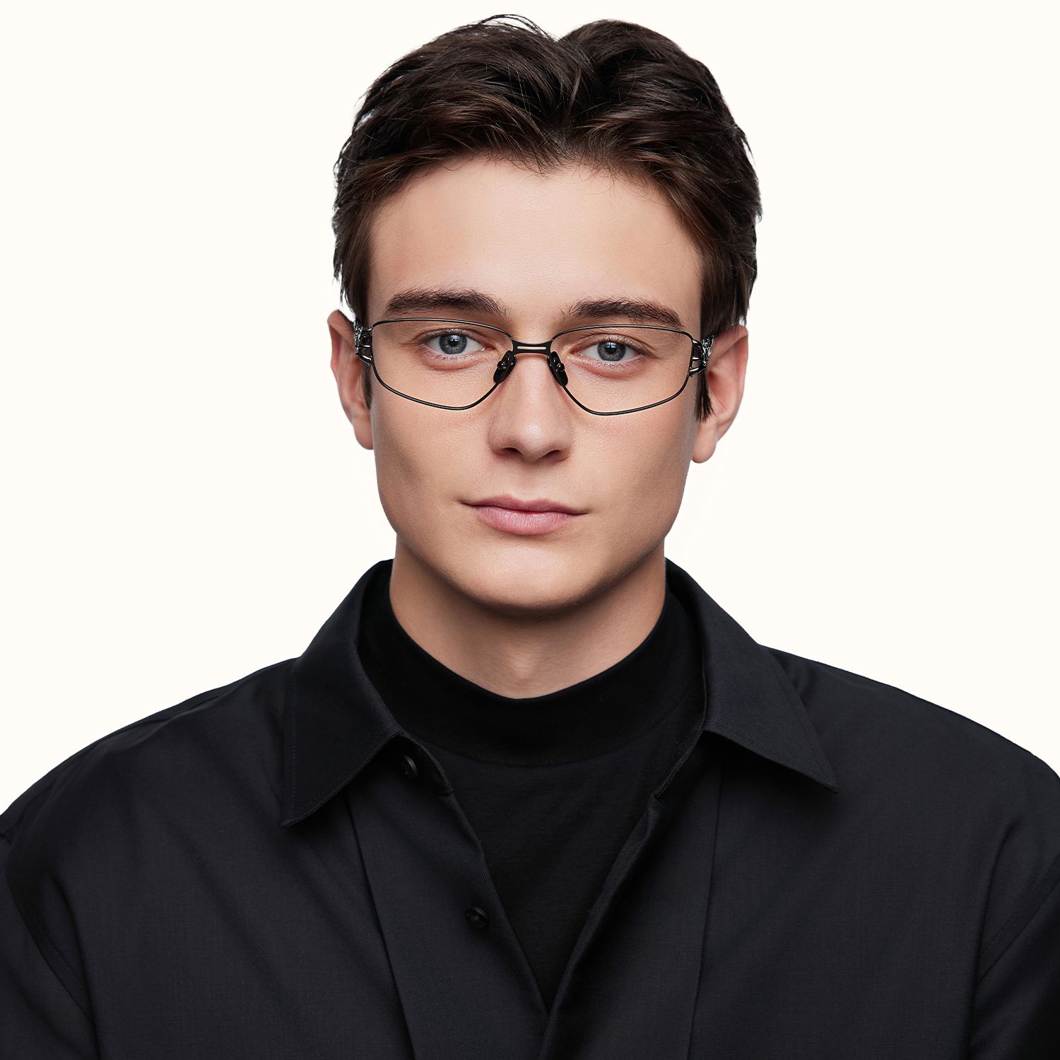 Spine - Geometric Metal Grey Eyeglasses | Vooglam On Model 2