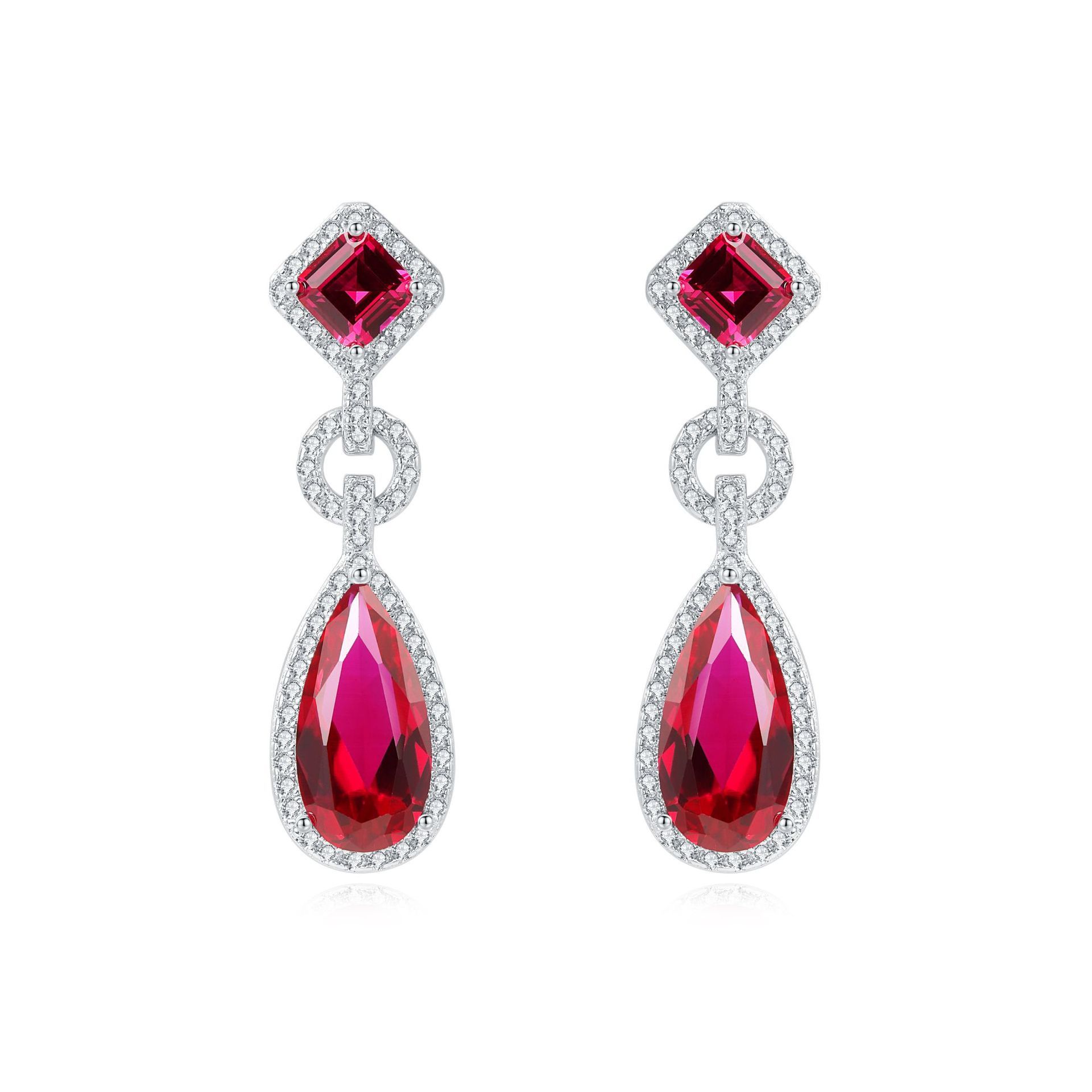 Glamorous Ruby Red Waterdrop Pierced Earrings by Vooglam - Front View