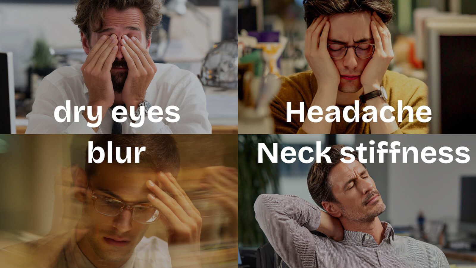 common eye strain symptoms like dry eyes and headache caused by digital eye strain and poor eye health habits