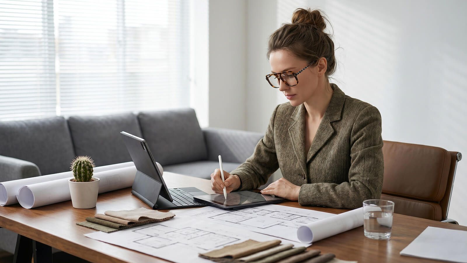 A woman wearing glasses is sitting at a desk, using a stylus on a digital tablet