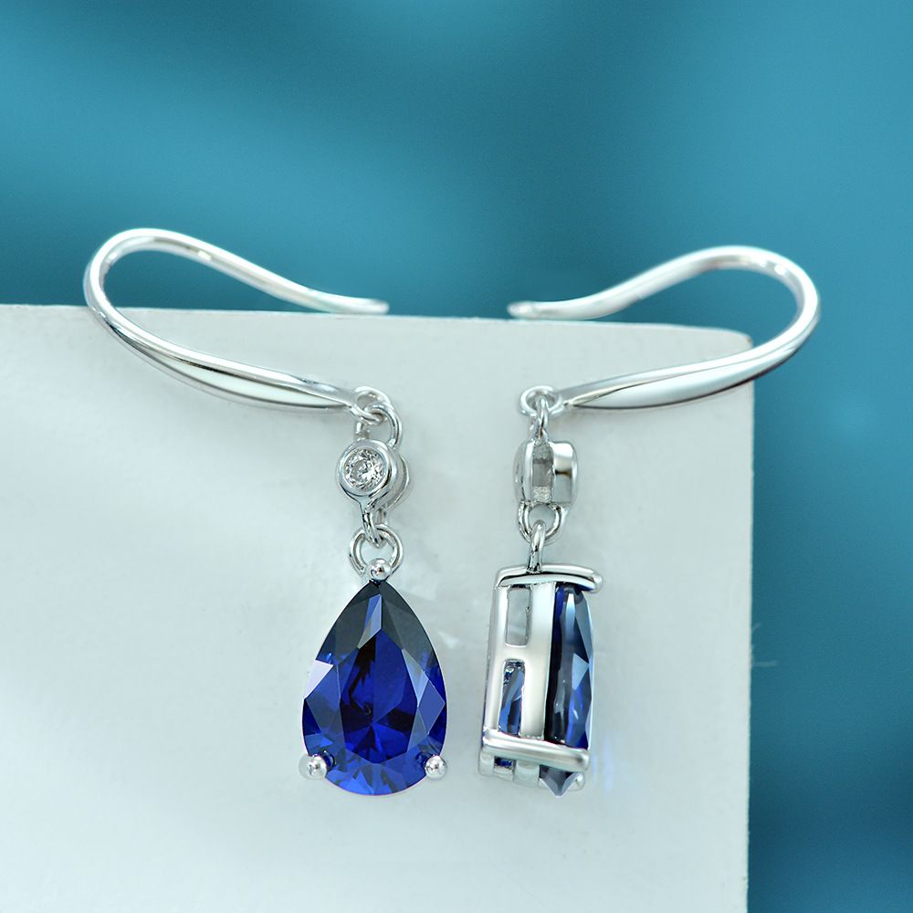 Decent Sapphire Blue Waterdrop Pierced Earrings by Vooglam - On Model