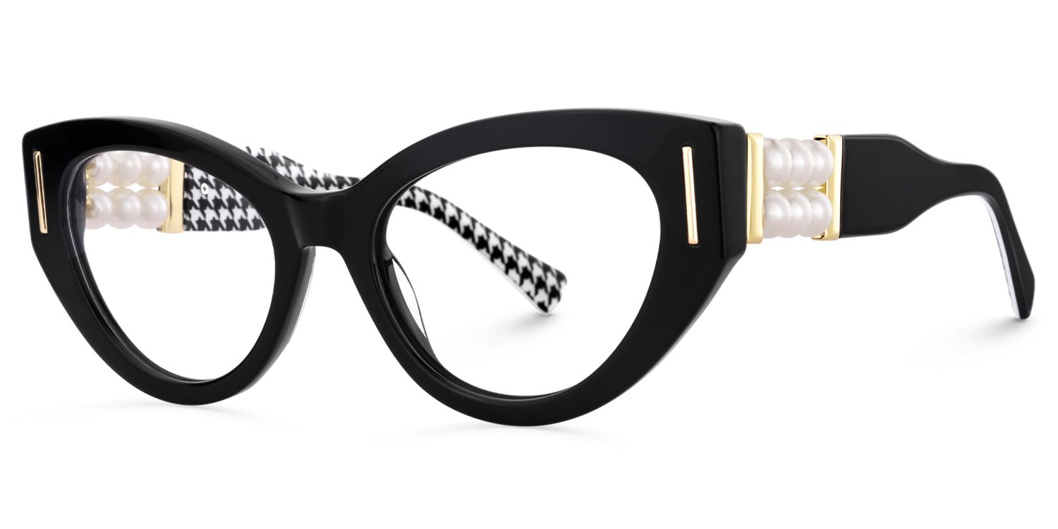 Sadah - Retro Black Cat-Eye Glasses Houndstooth Arms by Vooglam - Front View