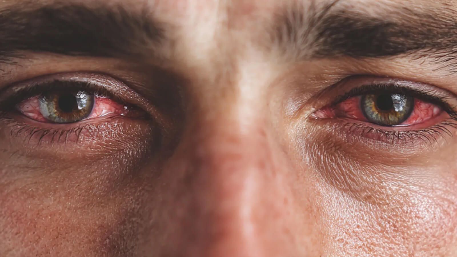 Close-up of face with pink eyes