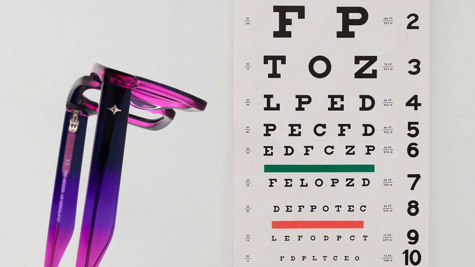 Vooglam purple gradient frames with snellen chart for eye exam test and vision health check