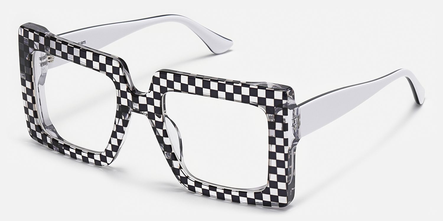Ferial - Square Black & Crystal Checkered Glasses | Vooglam Front View