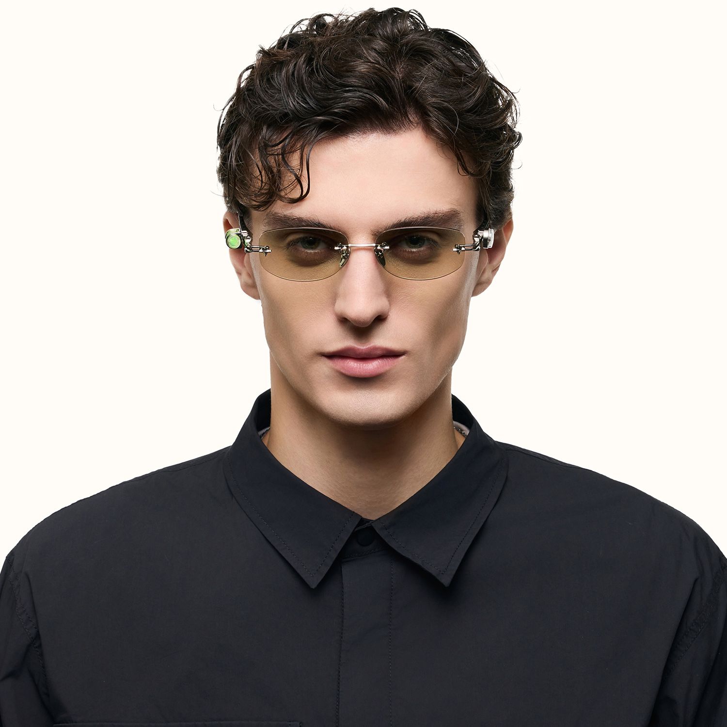 The Utilitarian - Asymmetric Green Tint Sunglasses | Vooglam On Model 2