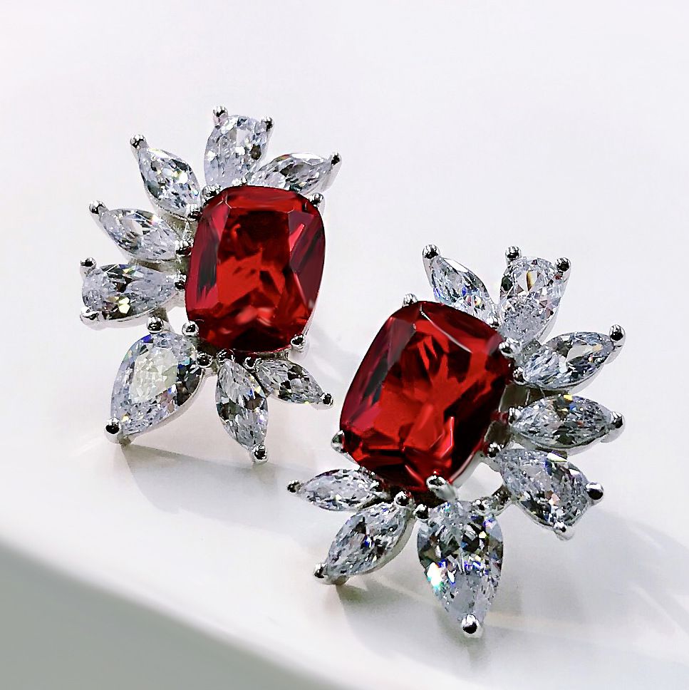 Creative Ruby Red Rectangle Pierced Earrings | Vooglam On Model 1