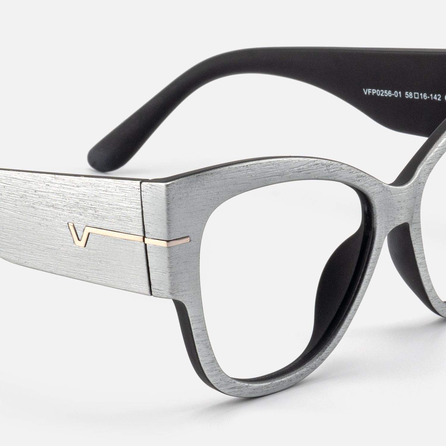 Elektra - Sleek Brushed Cat-Eye Designer Gray Glasses | Vooglam Design Details