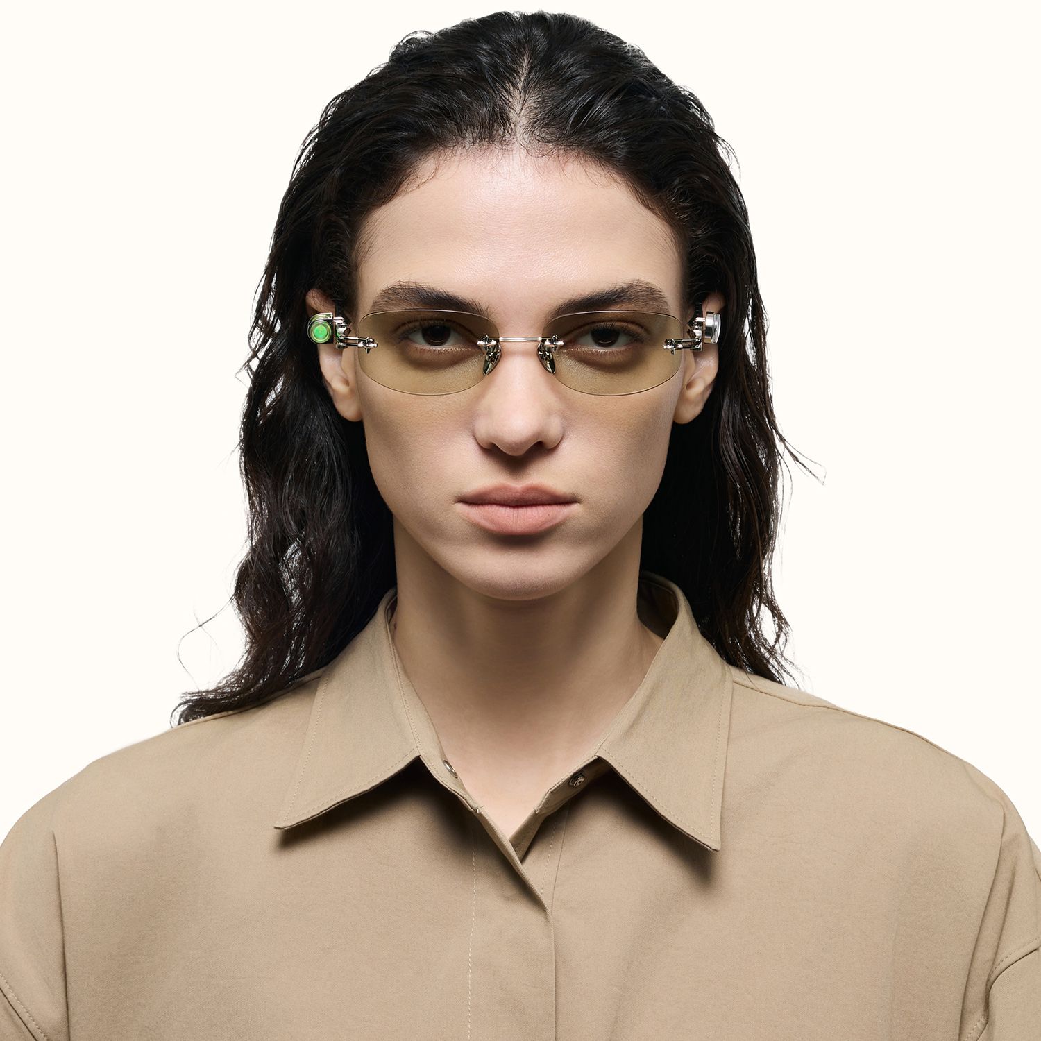 The Utilitarian - Asymmetric Green Tint Sunglasses | Vooglam On Model 1
