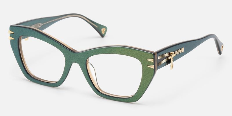 Manon-Chunky Metallic Green Zipper Cateye Glasses by Vooglam