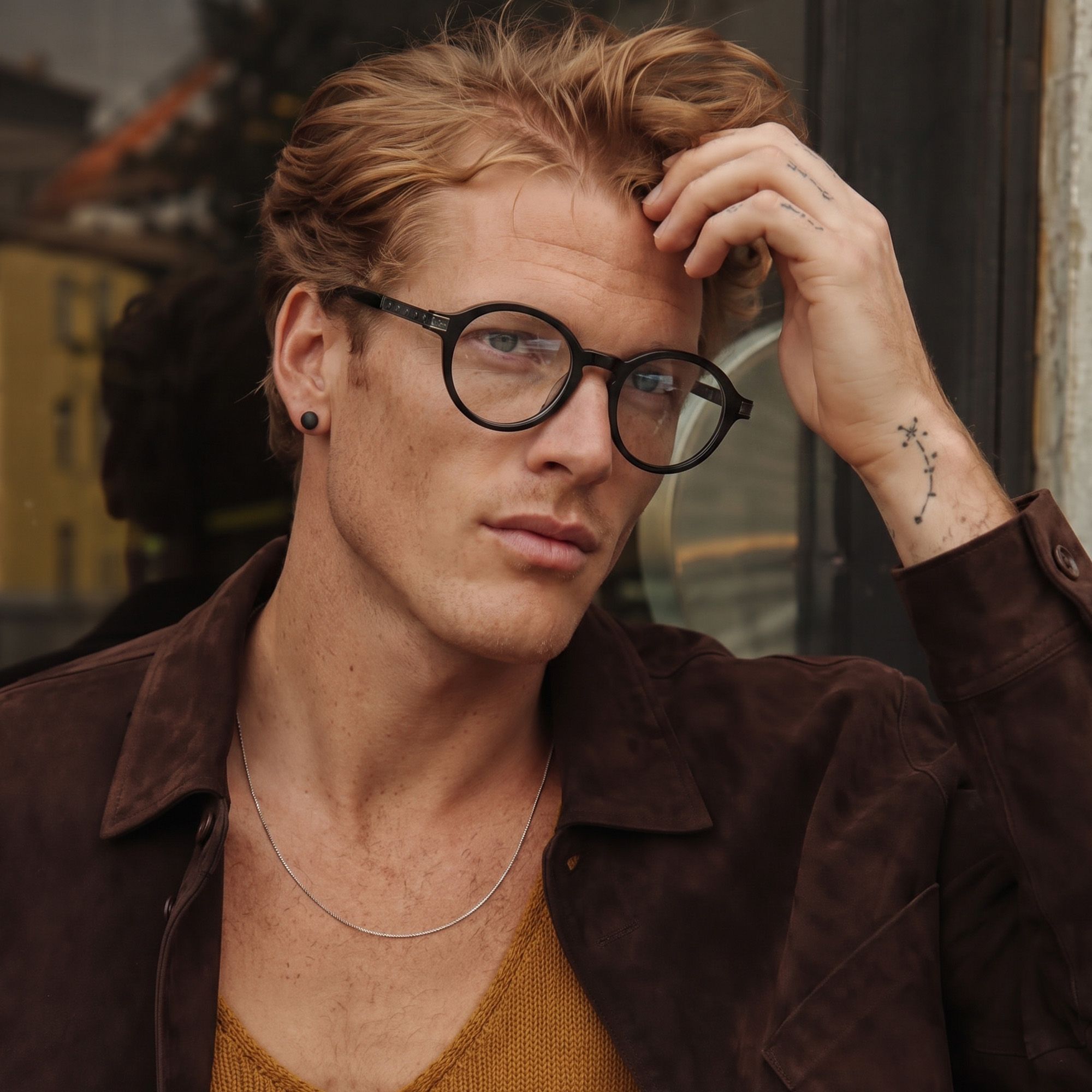 Vooglam Street Style in Real Life: Lennon - Dark Brass Khaki Marbled Round Frames by Vooglam
