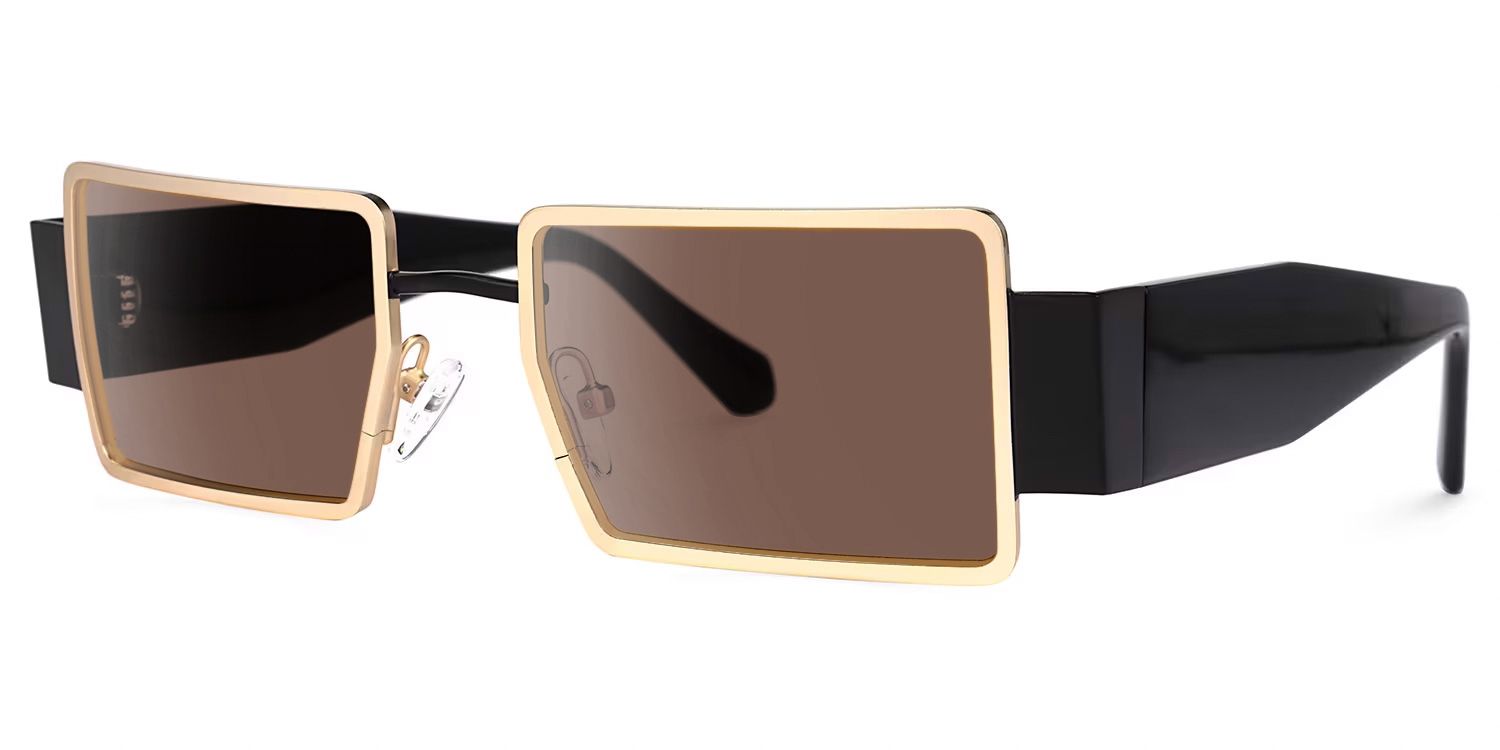 Anitta - Gold Rim Rectangular Sunglasses Bold Temples by Vooglam - Front View