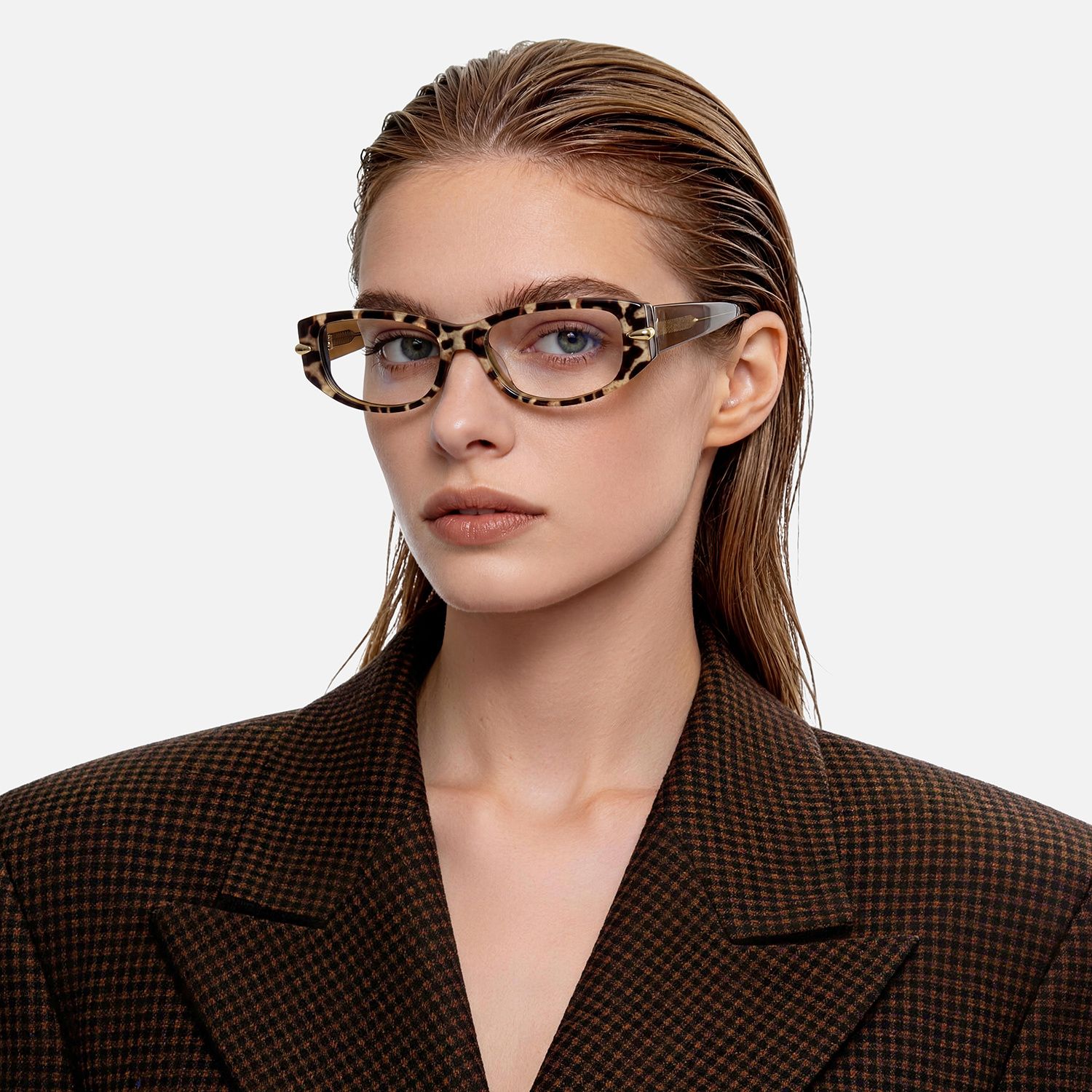 narrow oval acetate glasses with leopard print