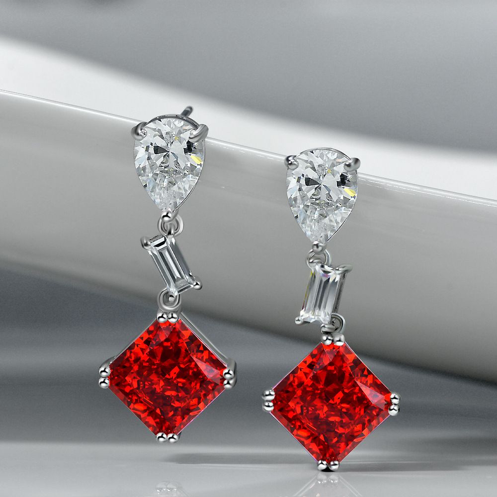 Charming Ruby Red Rhombus Pierced Earrings by Vooglam - On Model