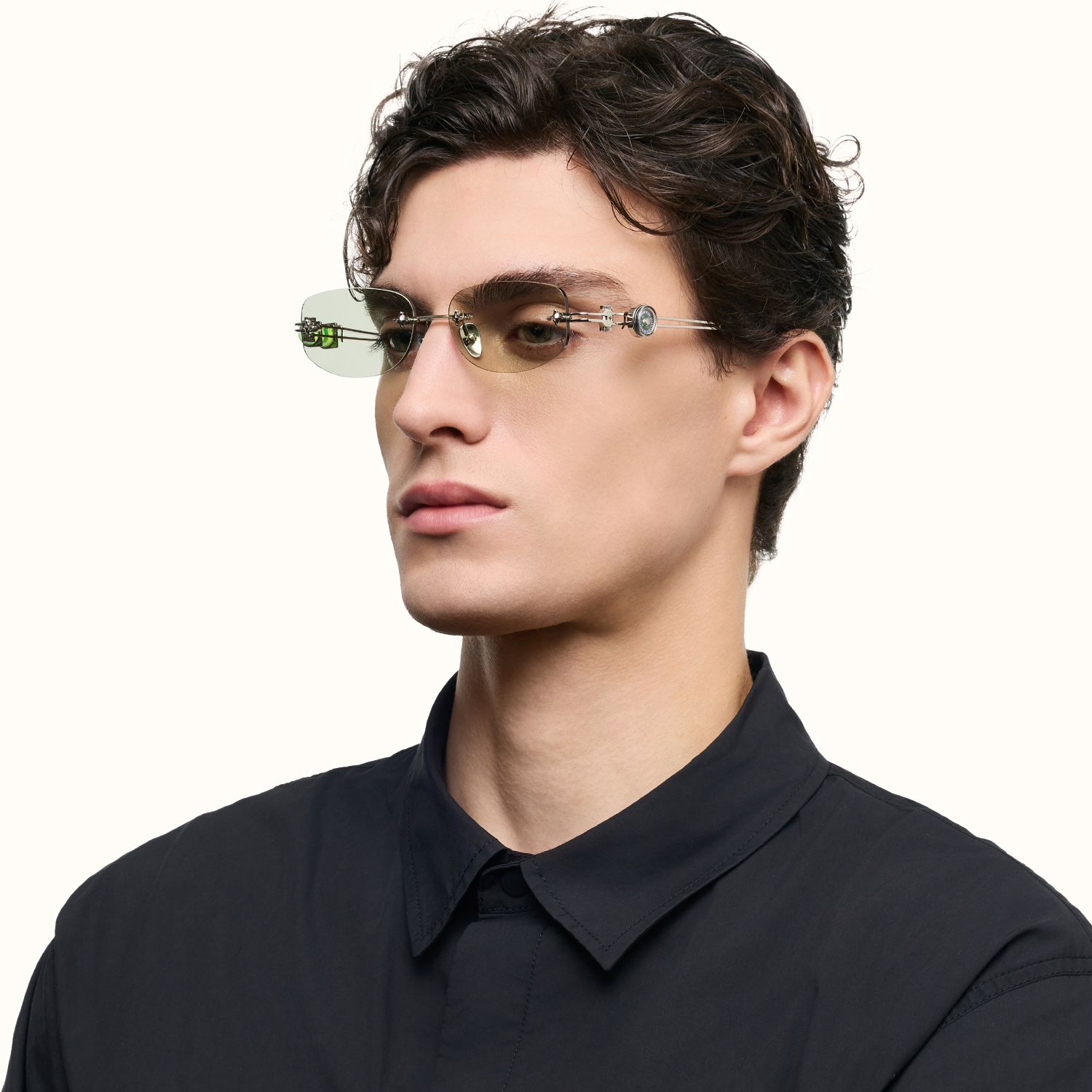 The Utilitarian - Asymmetric Green Tint Sunglasses | Vooglam On Model 6