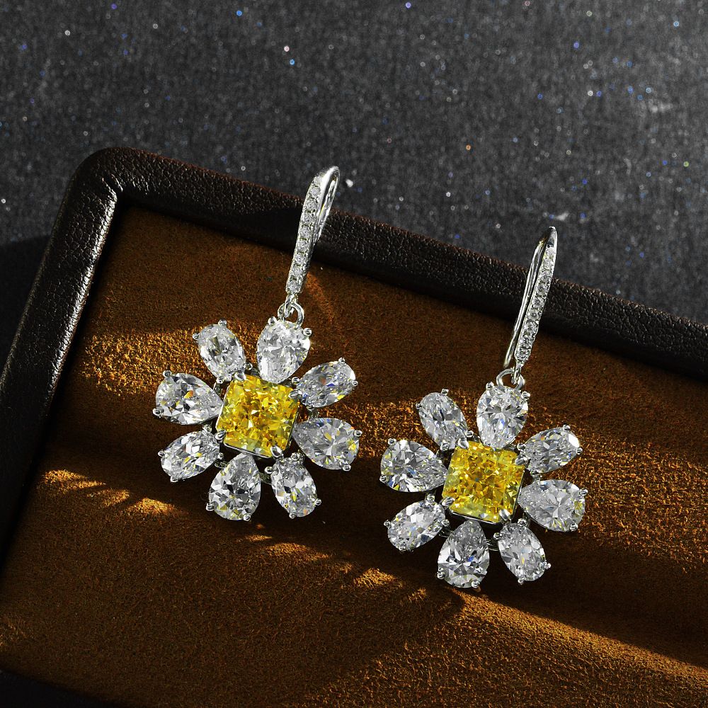 Sunflower Fancy Yellow Square Pierced Earrings by Vooglam - On Model