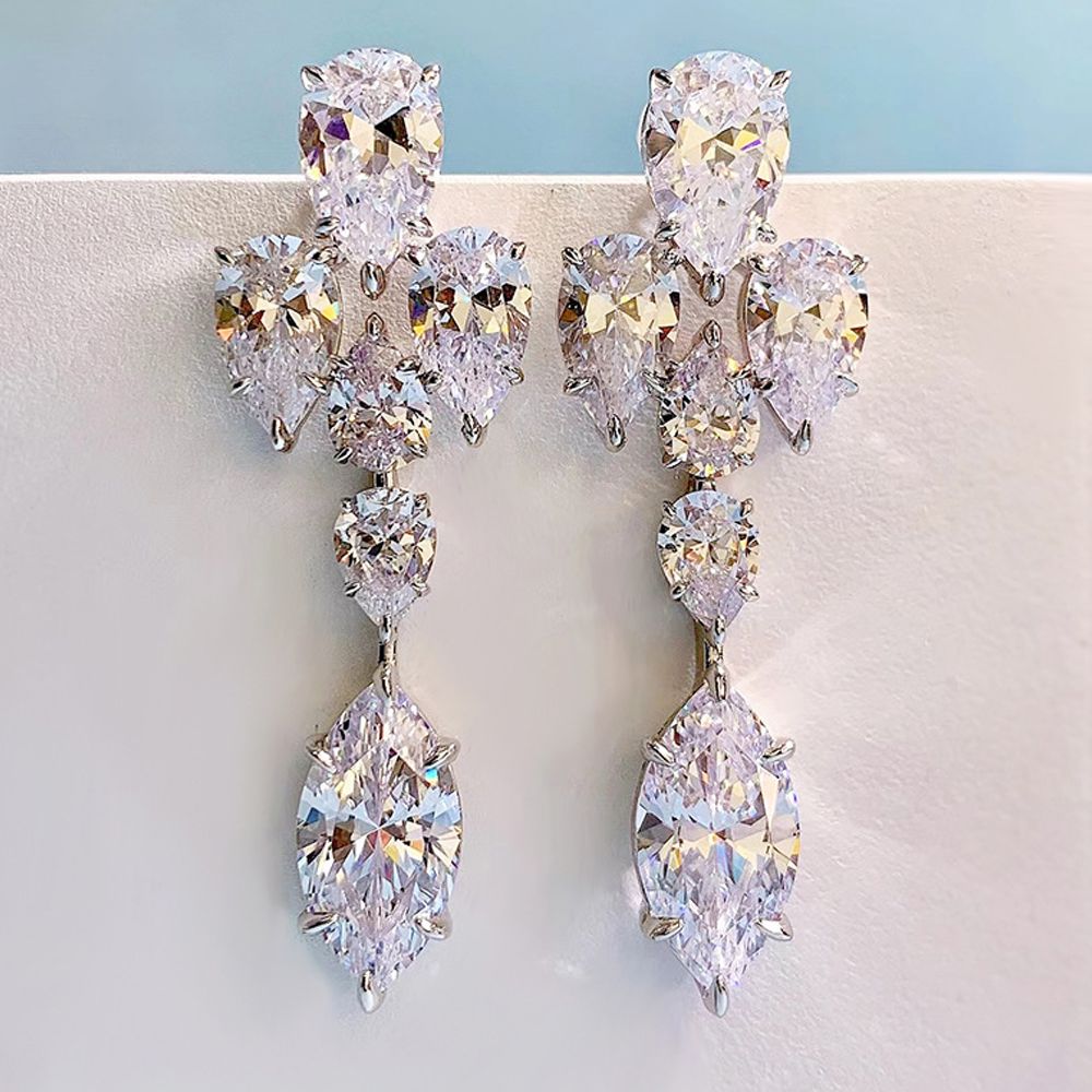 Stylish Diamond White Waterdrop Pierced Earrings by Vooglam - On Model
