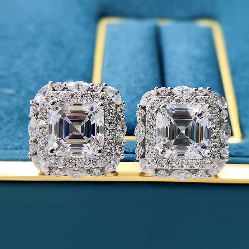 Sleek Diamond White Square Stud Pierced Earrings by Vooglam - On Model